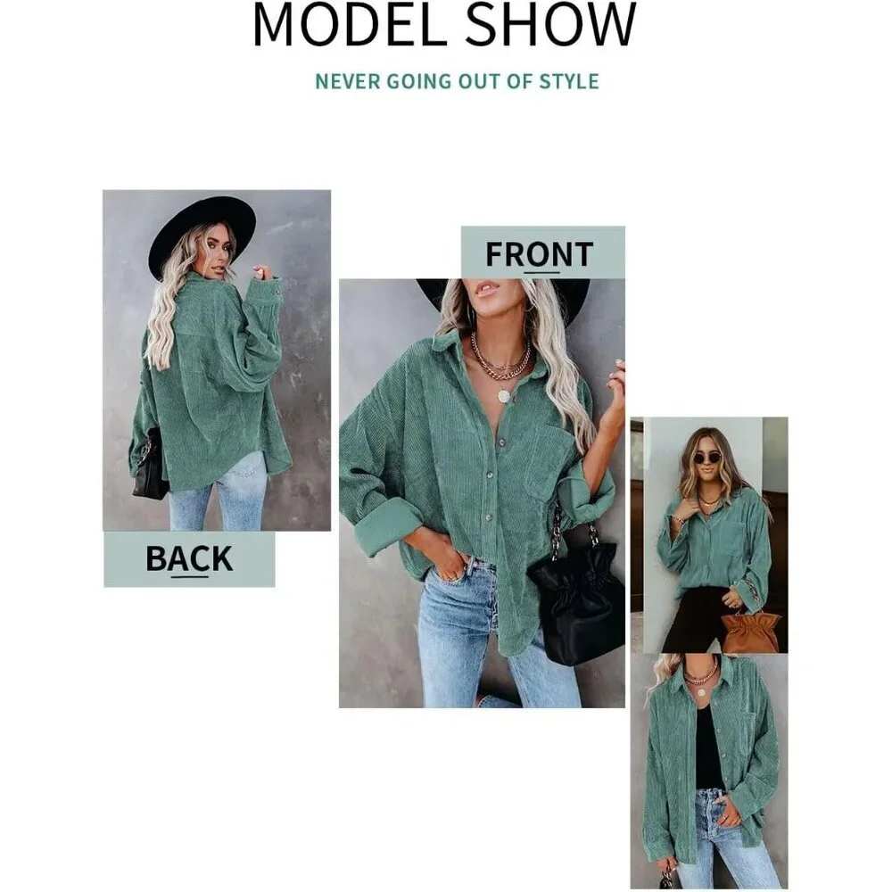 Women Green Collared V Neck Button Down Oversized Long Sleeve Shirt Top - Picture 2 of 6